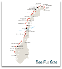 Map of Norwegian Coastal Voyage route.